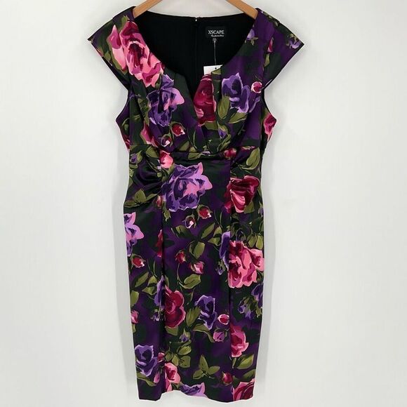 Xscape By Joanna Chen Short Cap Sleeve Sheath Dress Floral Women 10 Purple Green - Picture 1 of 8